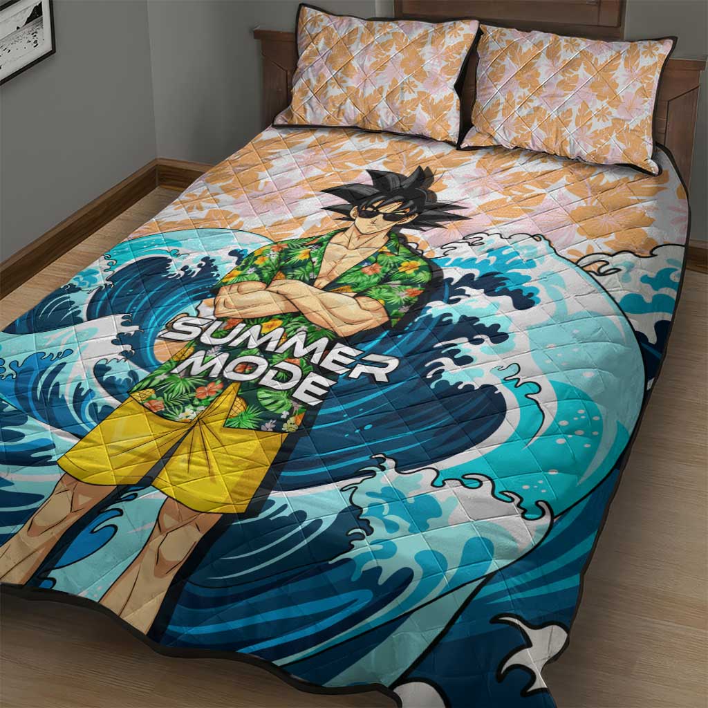 Goku Dragon Ball Summer Theme Quilt Bed Set with Tropical Floral Shirt Sunglasses Shenron and Ocean Wave Background - The Mazicc