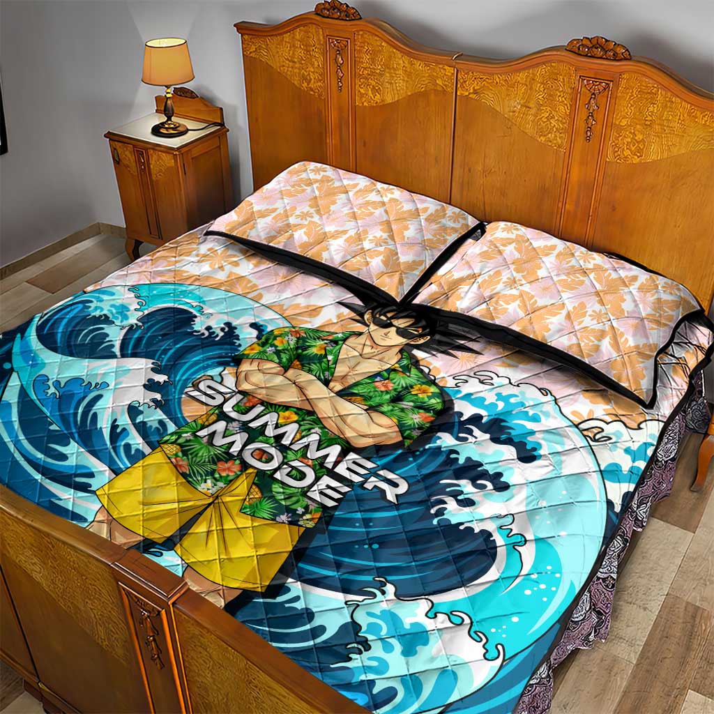 Goku Dragon Ball Summer Theme Quilt Bed Set with Tropical Floral Shirt Sunglasses Shenron and Ocean Wave Background - The Mazicc