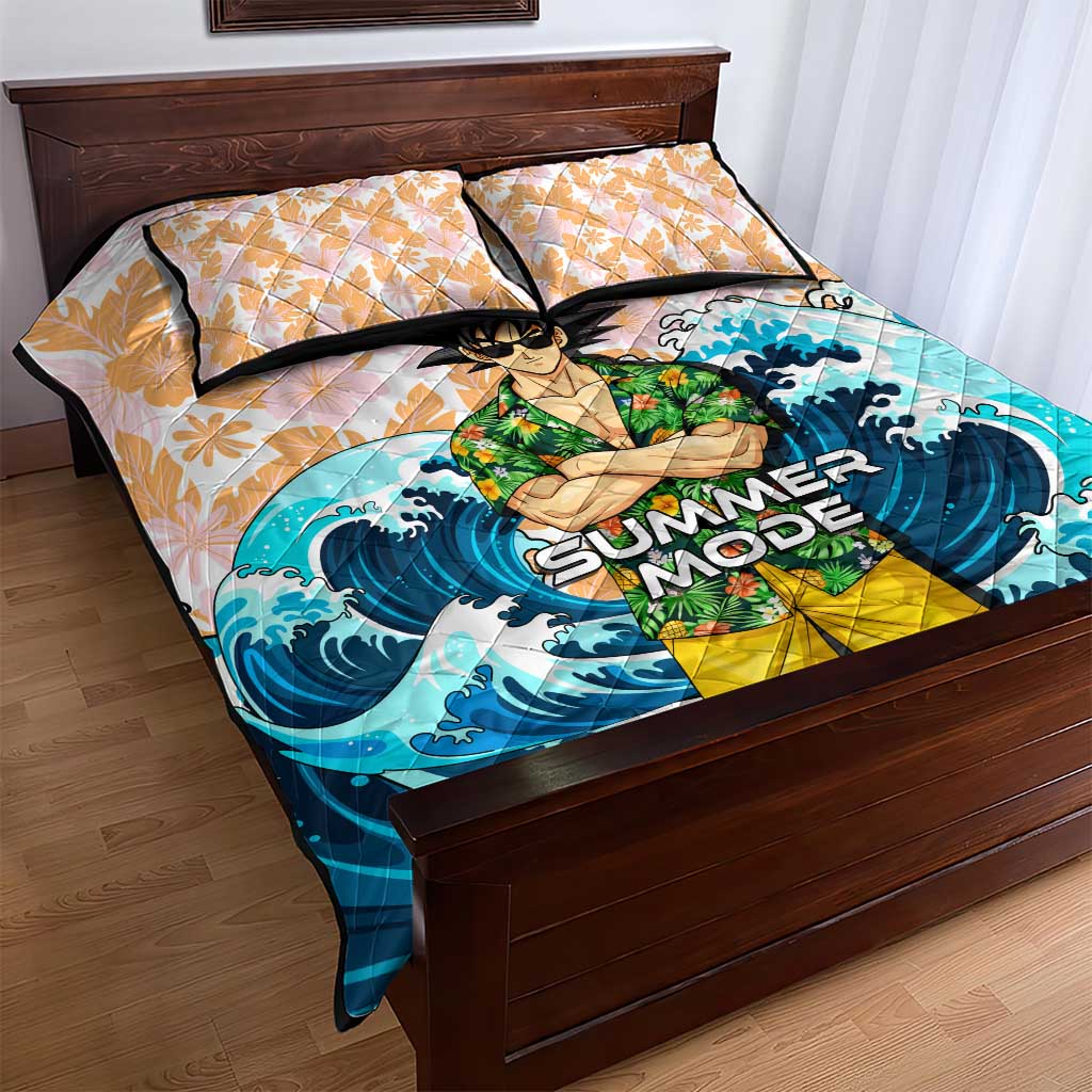 Goku Dragon Ball Summer Theme Quilt Bed Set with Tropical Floral Shirt Sunglasses Shenron and Ocean Wave Background - The Mazicc