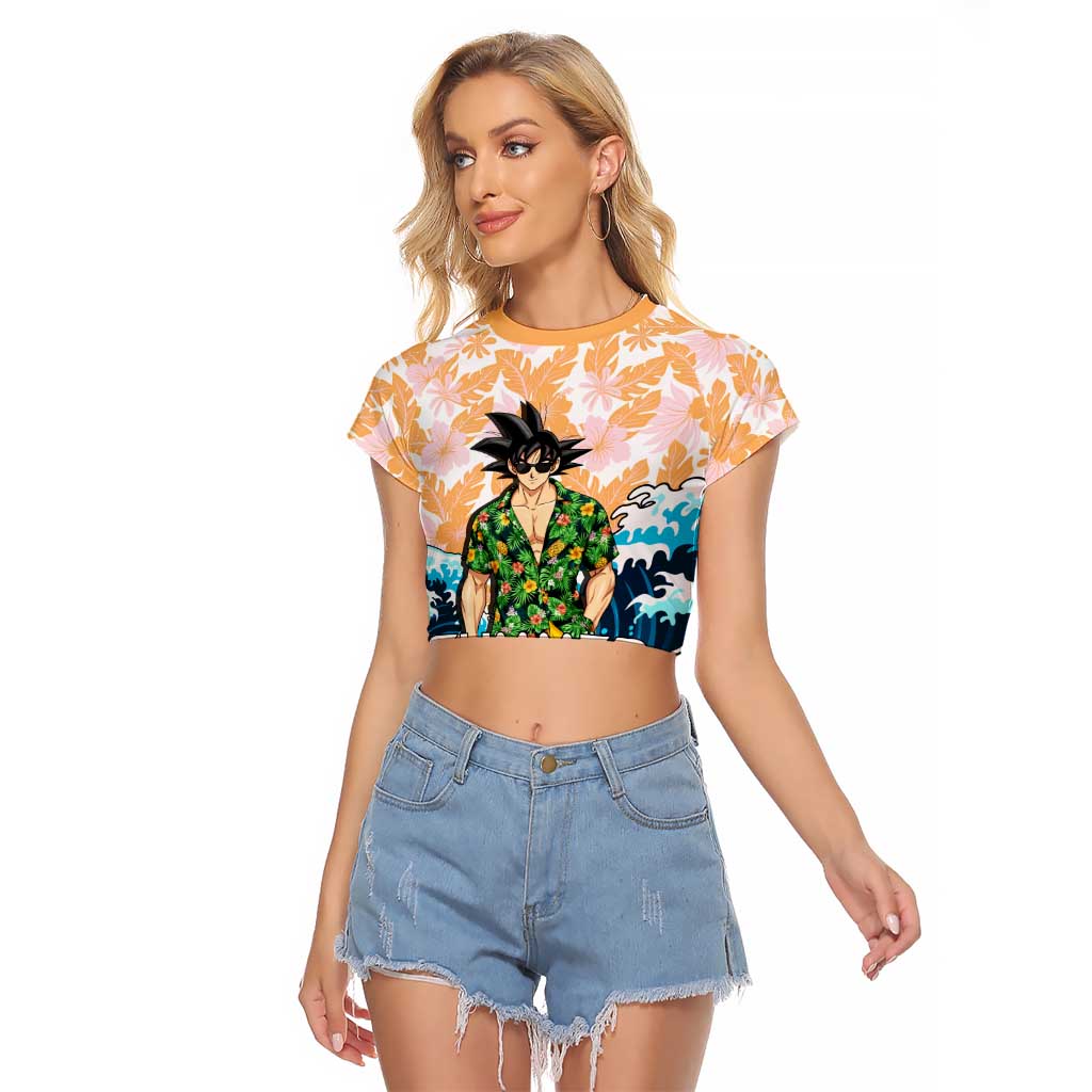 Goku Dragon Ball Summer Theme Raglan Cropped T Shirt with Tropical Floral Shirt Sunglasses Shenron and Ocean Wave Background - The Mazicc