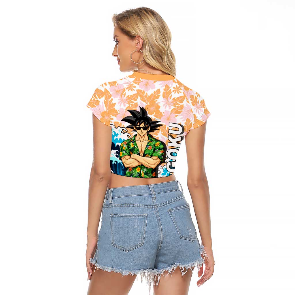 Goku Dragon Ball Summer Theme Raglan Cropped T Shirt with Tropical Floral Shirt Sunglasses Shenron and Ocean Wave Background - The Mazicc