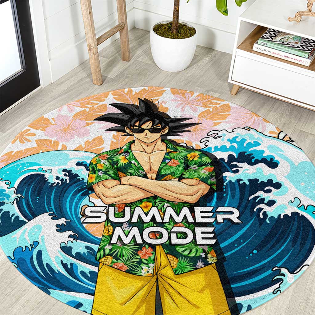 Goku Dragon Ball Summer Theme Round Carpet with Tropical Floral Shirt Sunglasses Shenron and Ocean Wave Background - The Mazicc