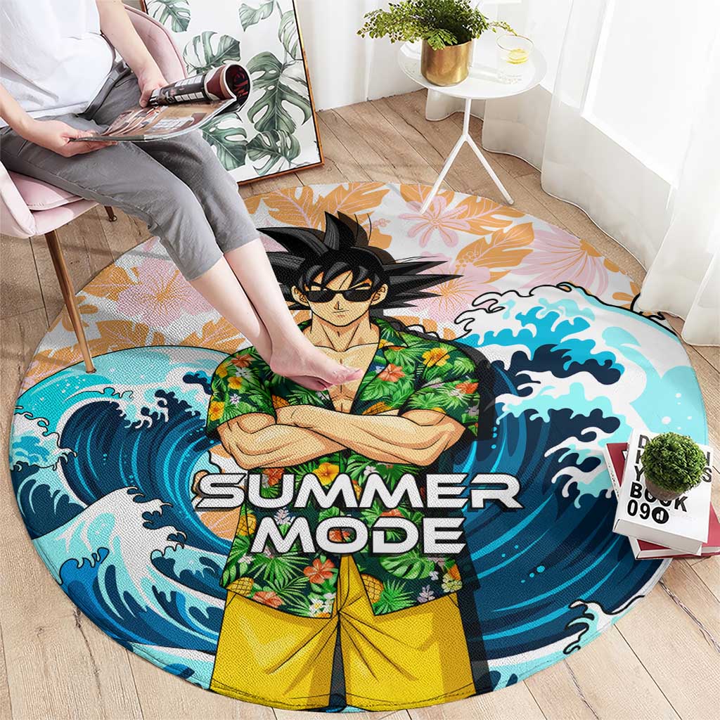 Goku Dragon Ball Summer Theme Round Carpet with Tropical Floral Shirt Sunglasses Shenron and Ocean Wave Background - The Mazicc