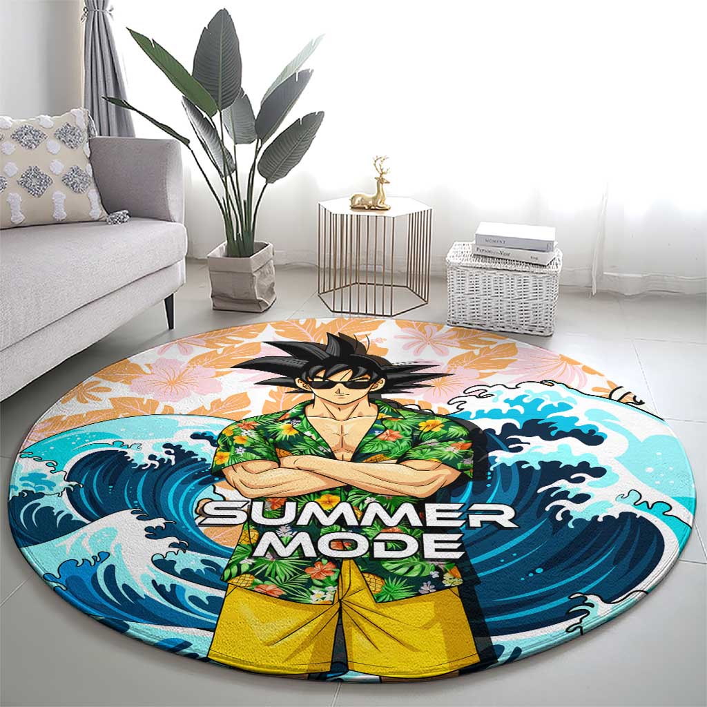Goku Dragon Ball Summer Theme Round Carpet with Tropical Floral Shirt Sunglasses Shenron and Ocean Wave Background - The Mazicc