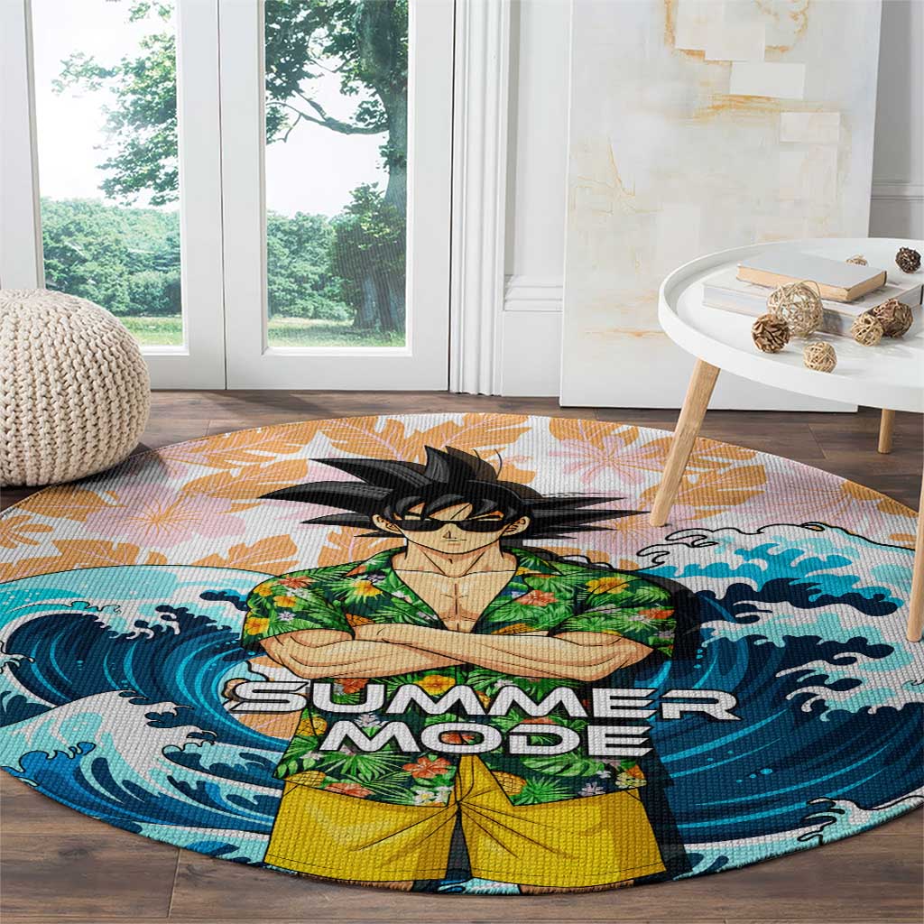 Goku Dragon Ball Summer Theme Round Carpet with Tropical Floral Shirt Sunglasses Shenron and Ocean Wave Background - The Mazicc