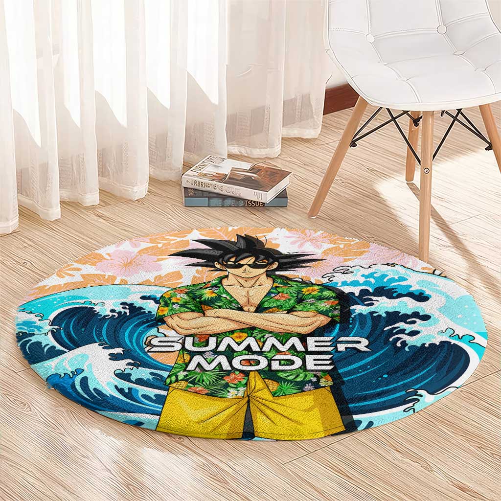 Goku Dragon Ball Summer Theme Round Carpet with Tropical Floral Shirt Sunglasses Shenron and Ocean Wave Background - The Mazicc
