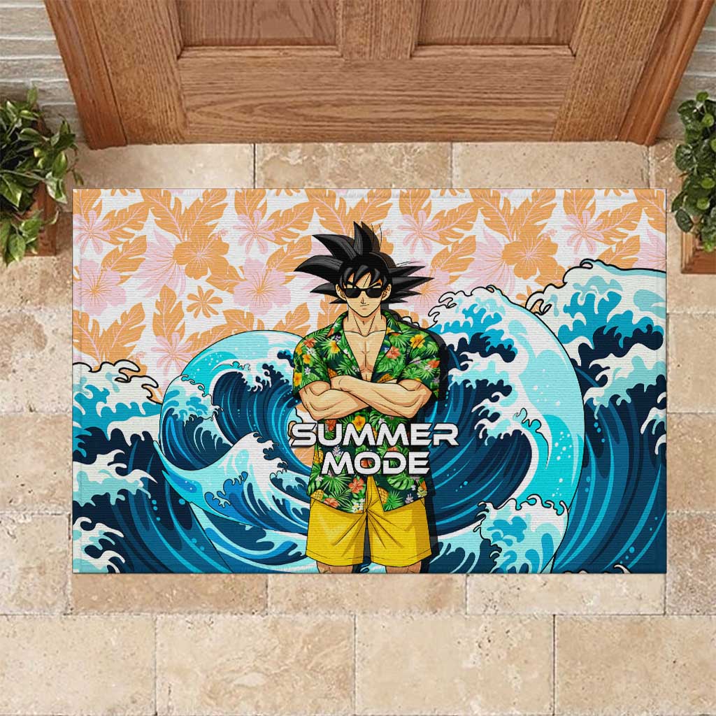 Goku Dragon Ball Summer Theme Rubber Doormat with Tropical Floral Shirt Sunglasses Shenron and Ocean Wave Background - The Mazicc