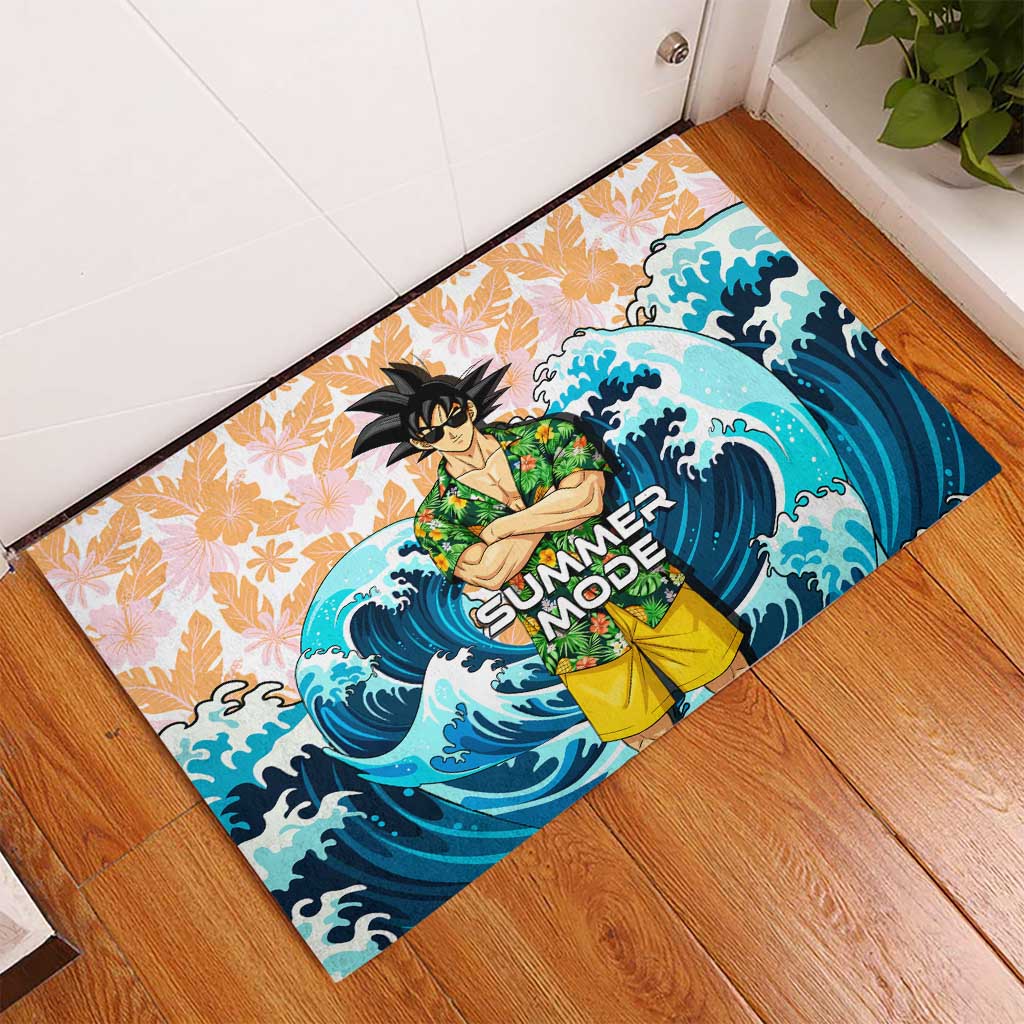 Goku Dragon Ball Summer Theme Rubber Doormat with Tropical Floral Shirt Sunglasses Shenron and Ocean Wave Background - The Mazicc