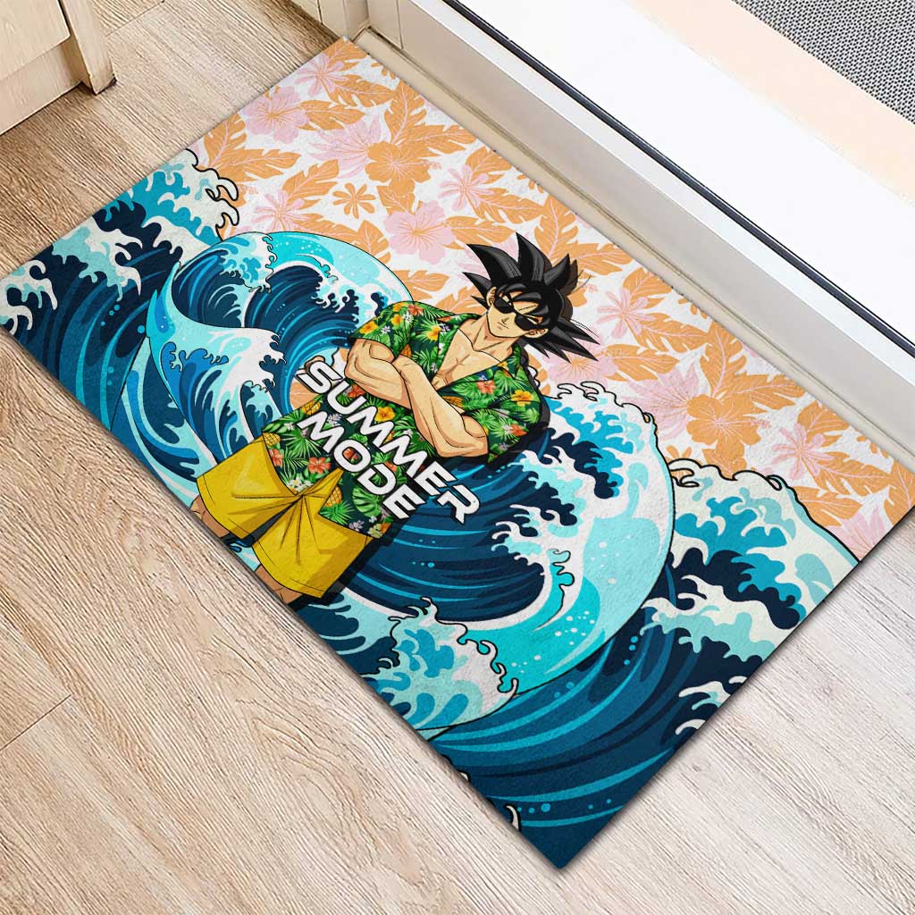 Goku Dragon Ball Summer Theme Rubber Doormat with Tropical Floral Shirt Sunglasses Shenron and Ocean Wave Background - The Mazicc