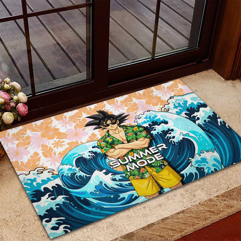 Goku Dragon Ball Summer Theme Rubber Doormat with Tropical Floral Shirt Sunglasses Shenron and Ocean Wave Background - The Mazicc