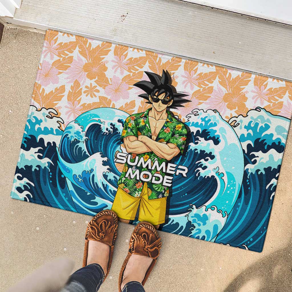 Goku Dragon Ball Summer Theme Rubber Doormat with Tropical Floral Shirt Sunglasses Shenron and Ocean Wave Background - The Mazicc