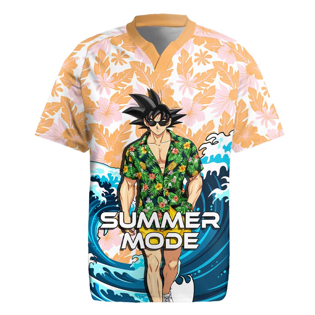 Goku Dragon Ball Summer Theme Rugby Jersey with Tropical Floral Shirt Sunglasses Shenron and Ocean Wave Background - The Mazicc