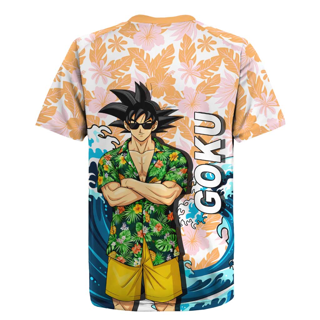 Goku Dragon Ball Summer Theme Rugby Jersey with Tropical Floral Shirt Sunglasses Shenron and Ocean Wave Background - The Mazicc