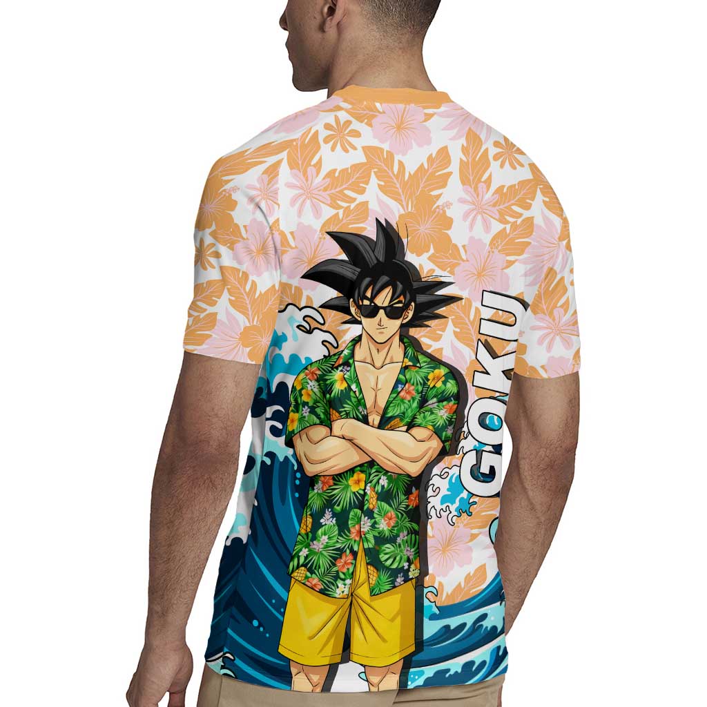 Goku Dragon Ball Summer Theme Rugby Jersey with Tropical Floral Shirt Sunglasses Shenron and Ocean Wave Background - The Mazicc