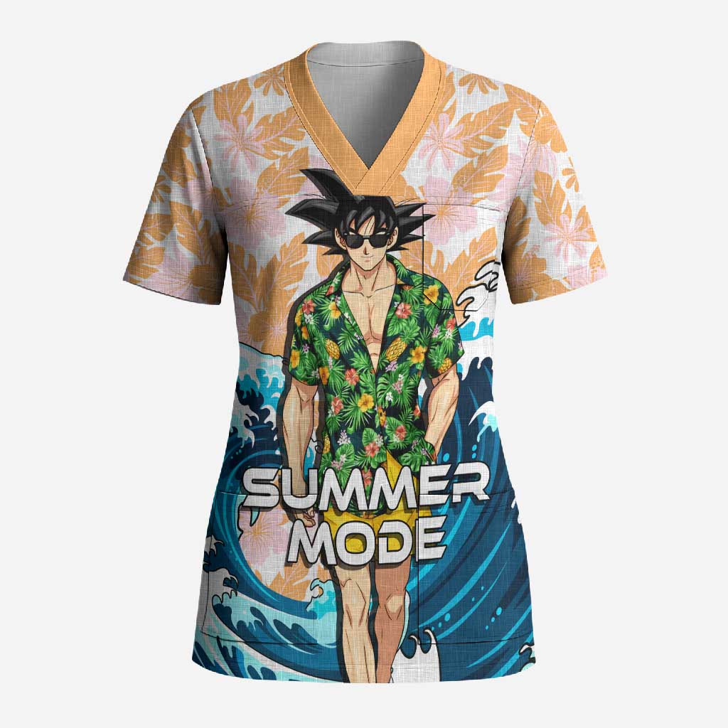 Goku Dragon Ball Summer Theme Scrub Top with Tropical Floral Shirt Sunglasses Shenron and Ocean Wave Background - The Mazicc