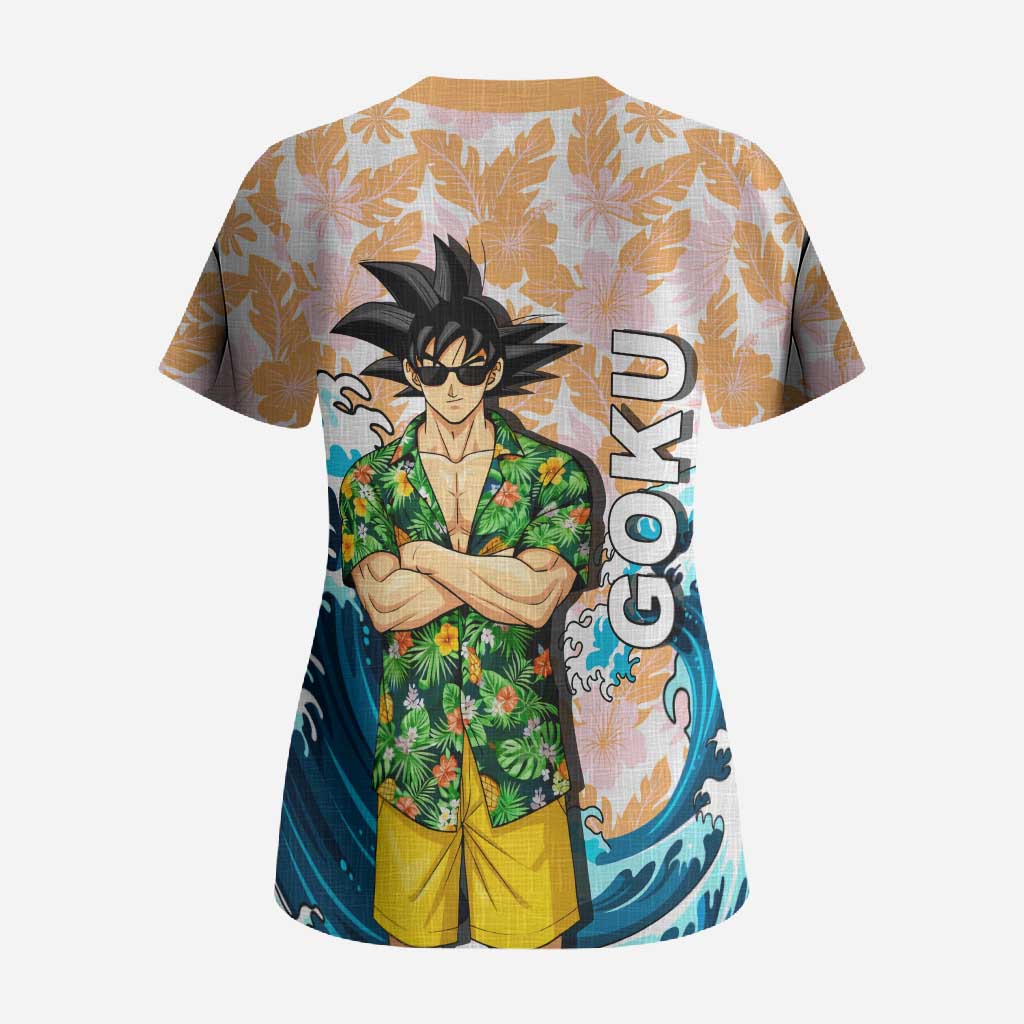 Goku Dragon Ball Summer Theme Scrub Top with Tropical Floral Shirt Sunglasses Shenron and Ocean Wave Background - The Mazicc