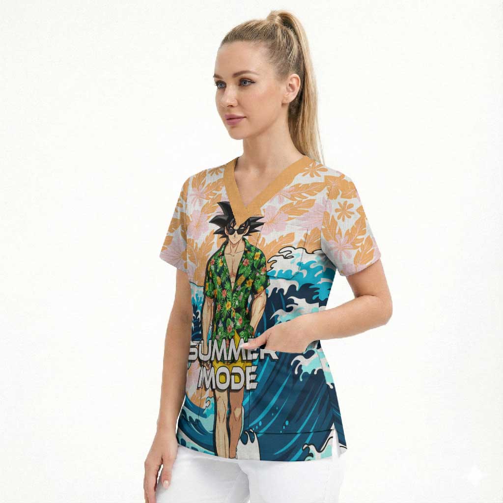 Goku Dragon Ball Summer Theme Scrub Top with Tropical Floral Shirt Sunglasses Shenron and Ocean Wave Background - The Mazicc