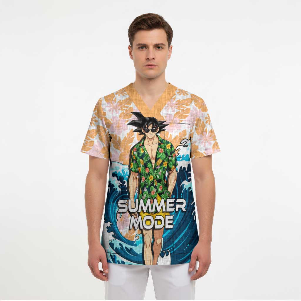 Goku Dragon Ball Summer Theme Scrub Top with Tropical Floral Shirt Sunglasses Shenron and Ocean Wave Background - The Mazicc