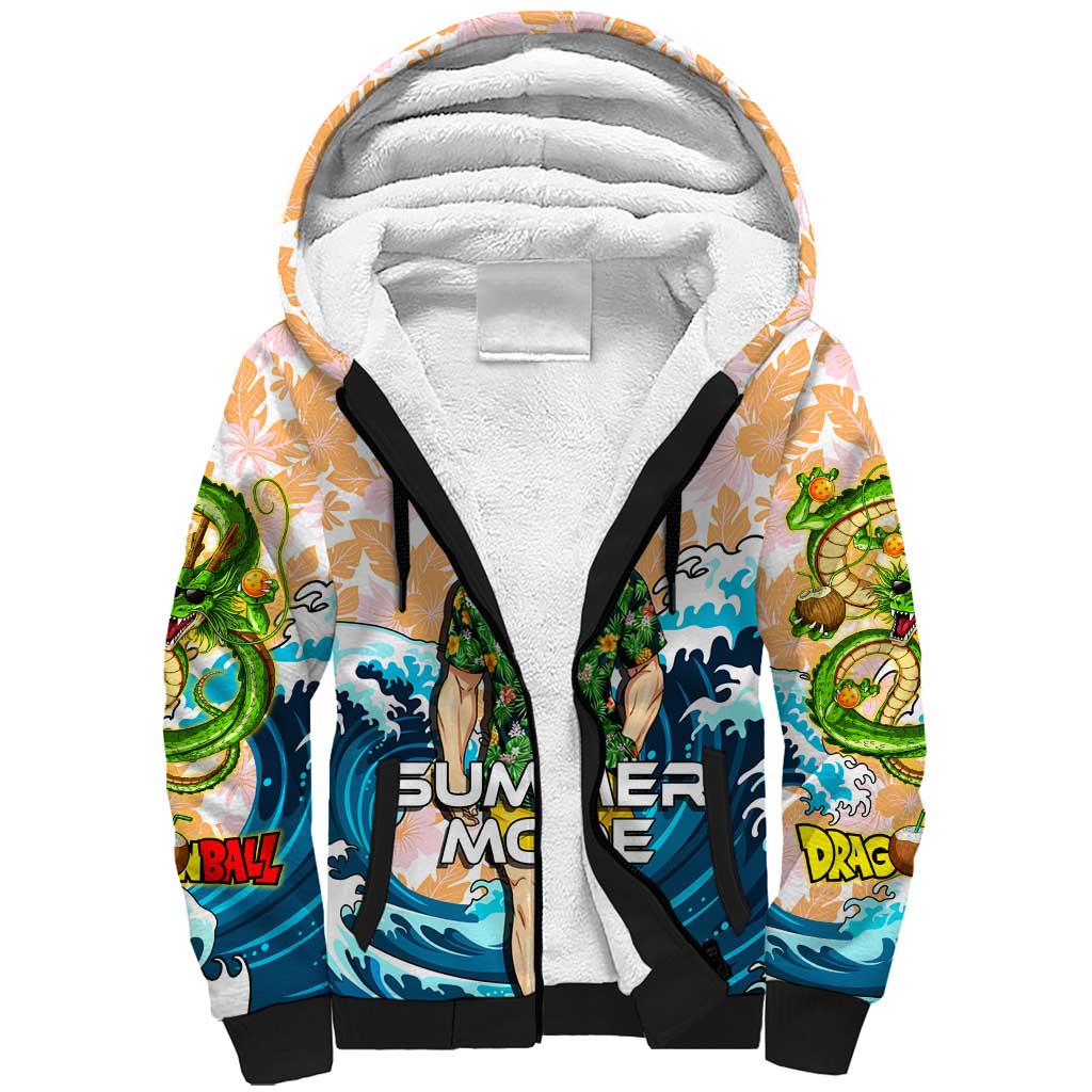Goku Dragon Ball Summer Theme Sherpa Hoodie with Tropical Floral Shirt Sunglasses Shenron and Ocean Wave Background - The Mazicc