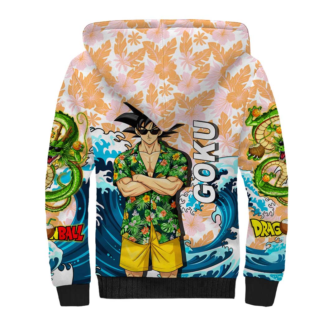 Goku Dragon Ball Summer Theme Sherpa Hoodie with Tropical Floral Shirt Sunglasses Shenron and Ocean Wave Background - The Mazicc