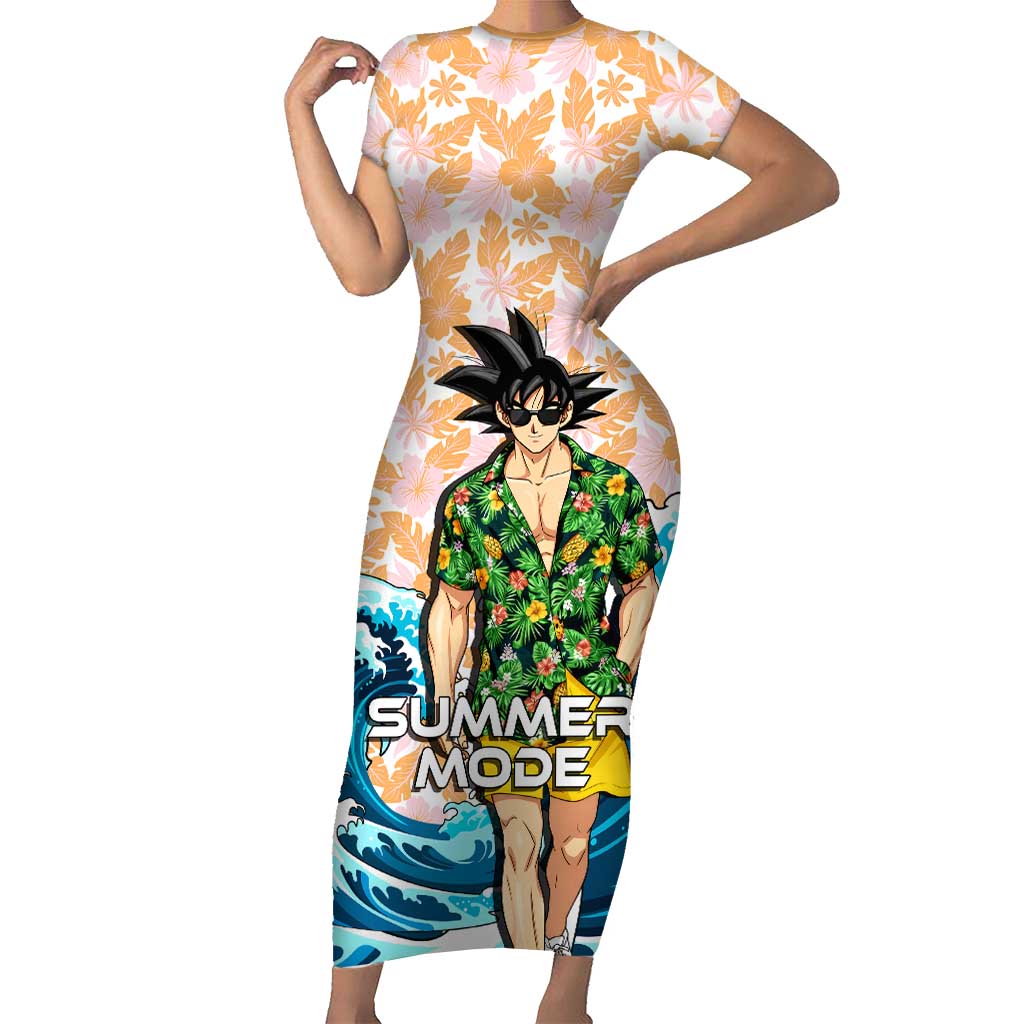 Goku Dragon Ball Summer Theme Short Sleeve Bodycon Dress with Tropical Floral Shirt Sunglasses Shenron and Ocean Wave Background - The Mazicc