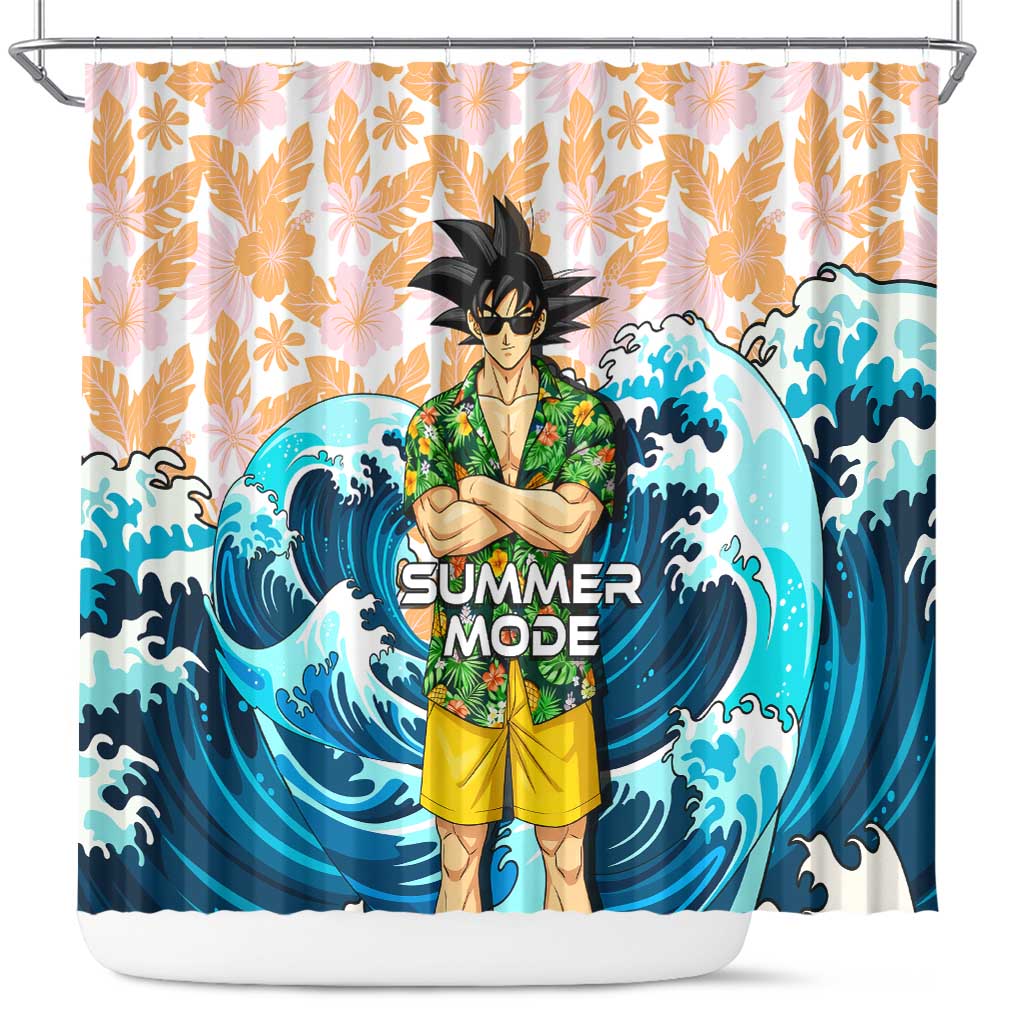 Goku Dragon Ball Summer Theme Shower Curtain with Tropical Floral Shirt Sunglasses Shenron and Ocean Wave Background - The Mazicc
