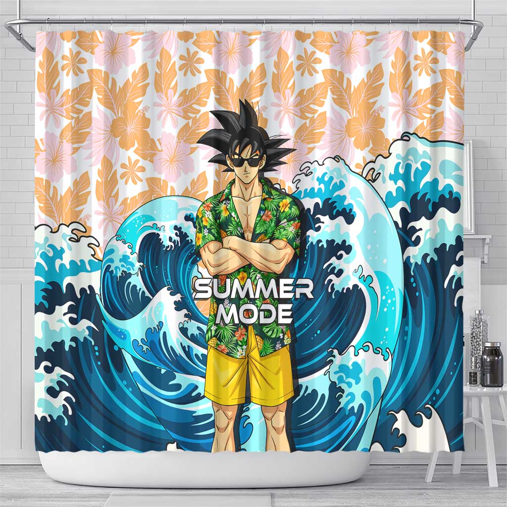 Goku Dragon Ball Summer Theme Shower Curtain with Tropical Floral Shirt Sunglasses Shenron and Ocean Wave Background - The Mazicc