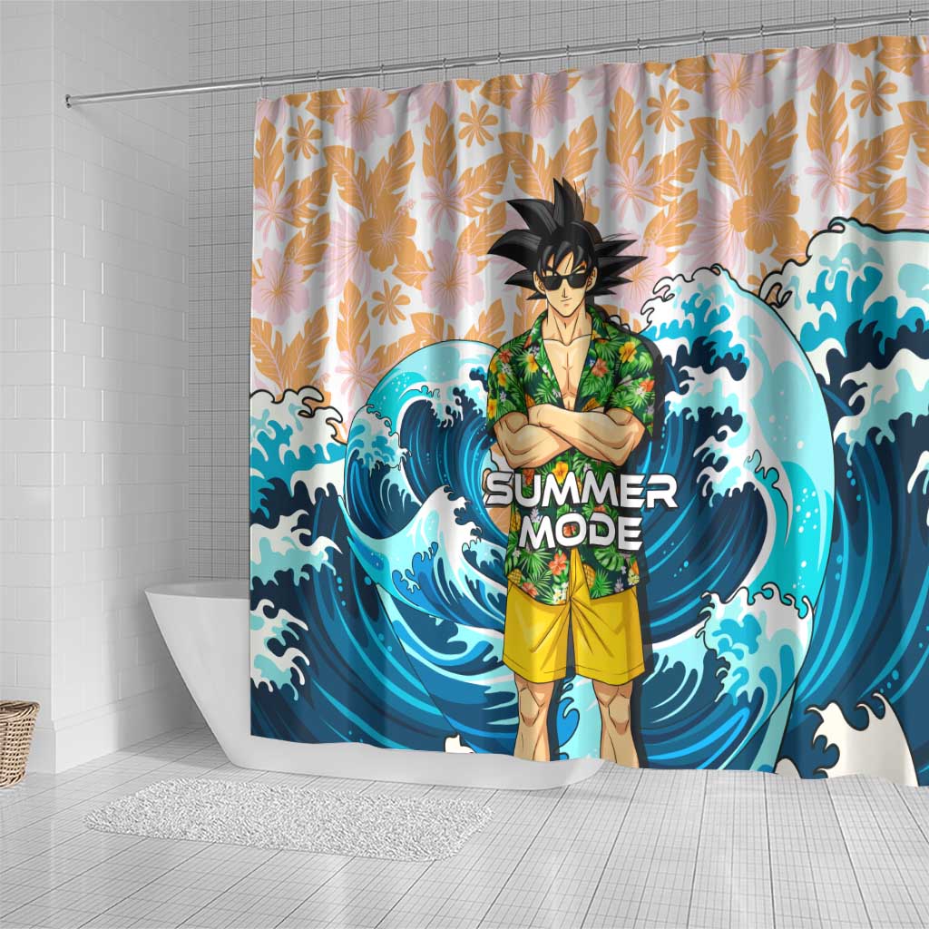 Goku Dragon Ball Summer Theme Shower Curtain with Tropical Floral Shirt Sunglasses Shenron and Ocean Wave Background - The Mazicc
