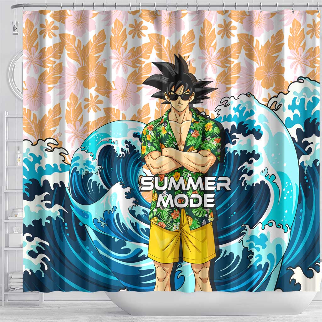 Goku Dragon Ball Summer Theme Shower Curtain with Tropical Floral Shirt Sunglasses Shenron and Ocean Wave Background - The Mazicc