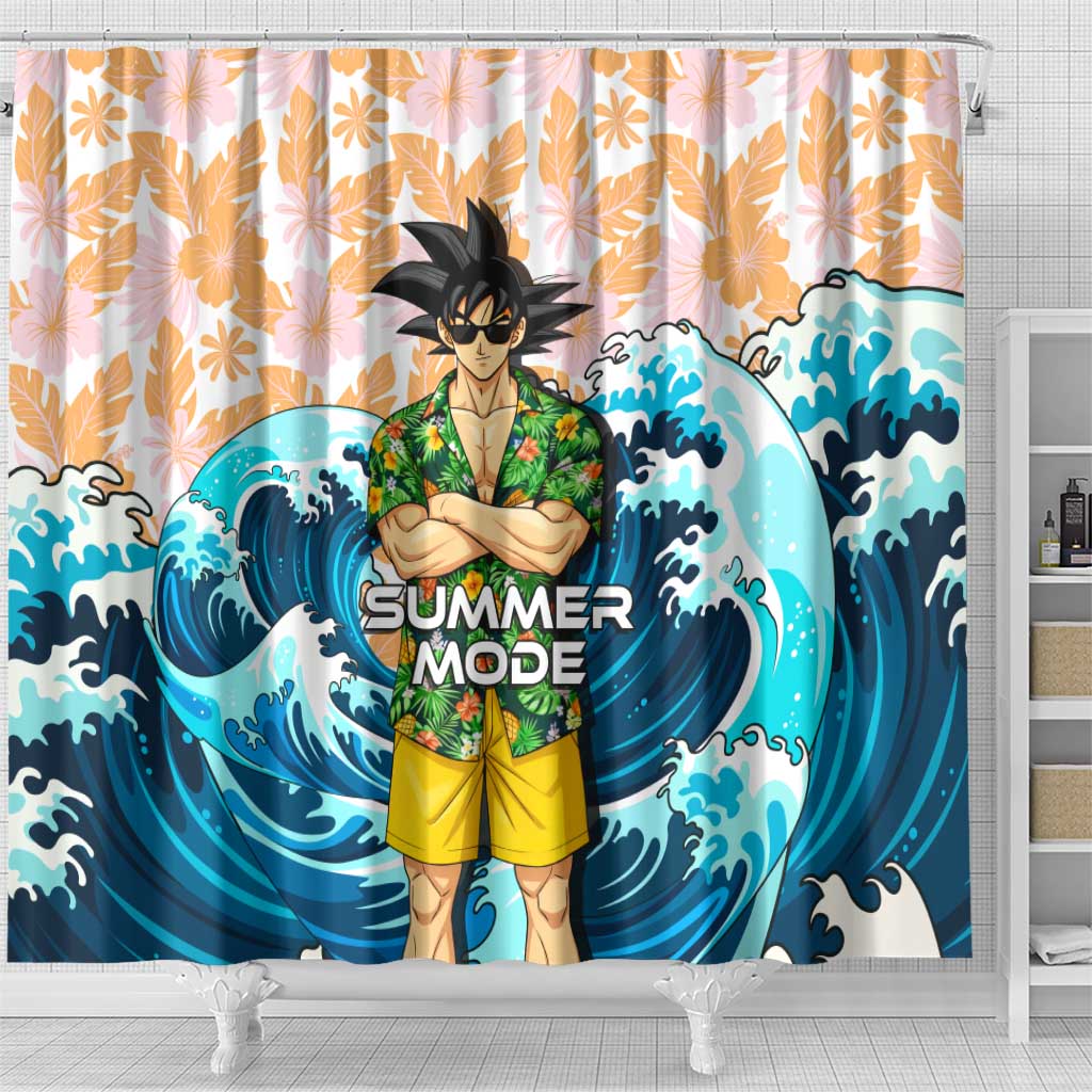 Goku Dragon Ball Summer Theme Shower Curtain with Tropical Floral Shirt Sunglasses Shenron and Ocean Wave Background - The Mazicc
