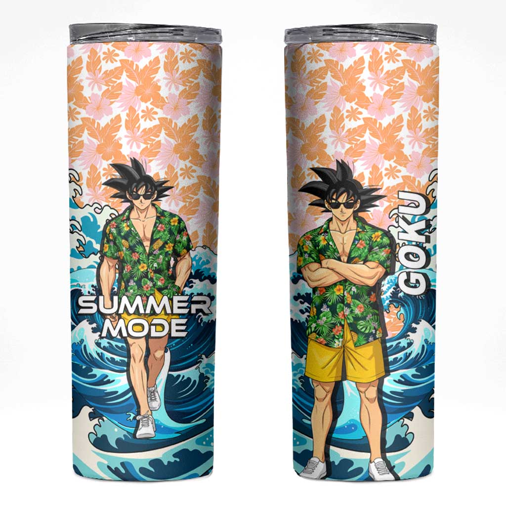 Goku Dragon Ball Summer Theme Skinny Tumbler with Tropical Floral Shirt Sunglasses Shenron and Ocean Wave Background - The Mazicc