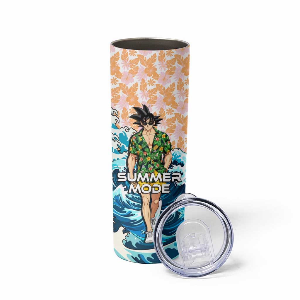 Goku Dragon Ball Summer Theme Skinny Tumbler with Tropical Floral Shirt Sunglasses Shenron and Ocean Wave Background - The Mazicc