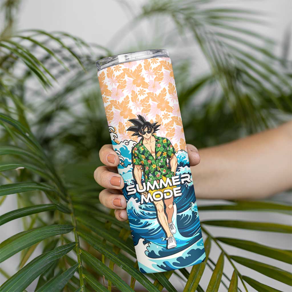 Goku Dragon Ball Summer Theme Skinny Tumbler with Tropical Floral Shirt Sunglasses Shenron and Ocean Wave Background - The Mazicc