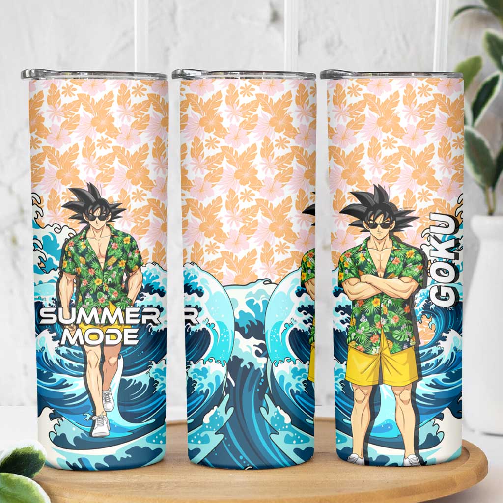Goku Dragon Ball Summer Theme Skinny Tumbler with Tropical Floral Shirt Sunglasses Shenron and Ocean Wave Background - The Mazicc