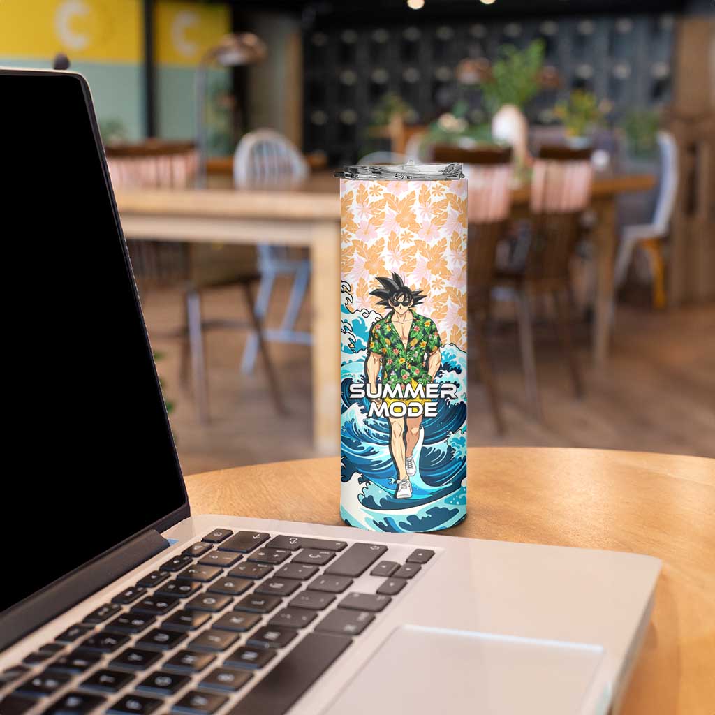 Goku Dragon Ball Summer Theme Skinny Tumbler with Tropical Floral Shirt Sunglasses Shenron and Ocean Wave Background - The Mazicc