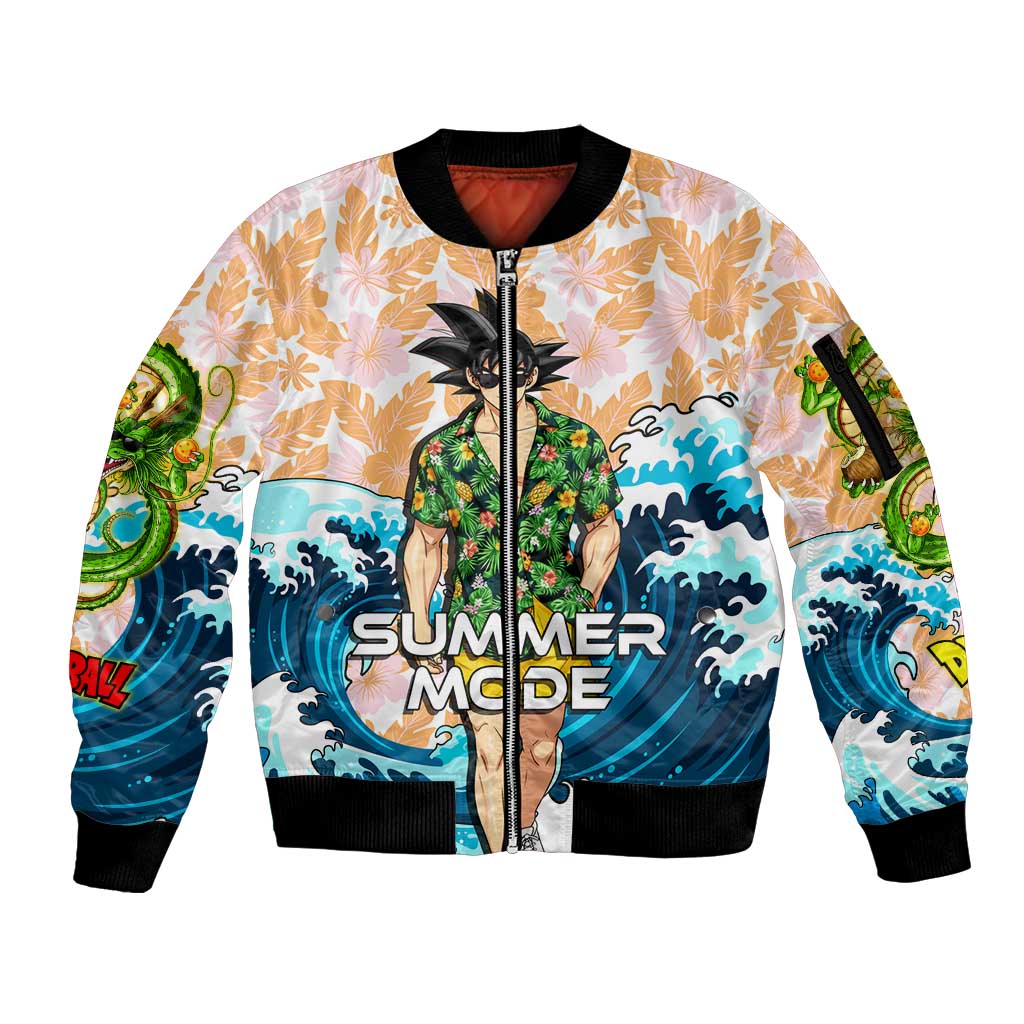 Goku Dragon Ball Summer Theme Sleeve Zip Bomber Jacket with Tropical Floral Shirt Sunglasses Shenron and Ocean Wave Background - The Mazicc