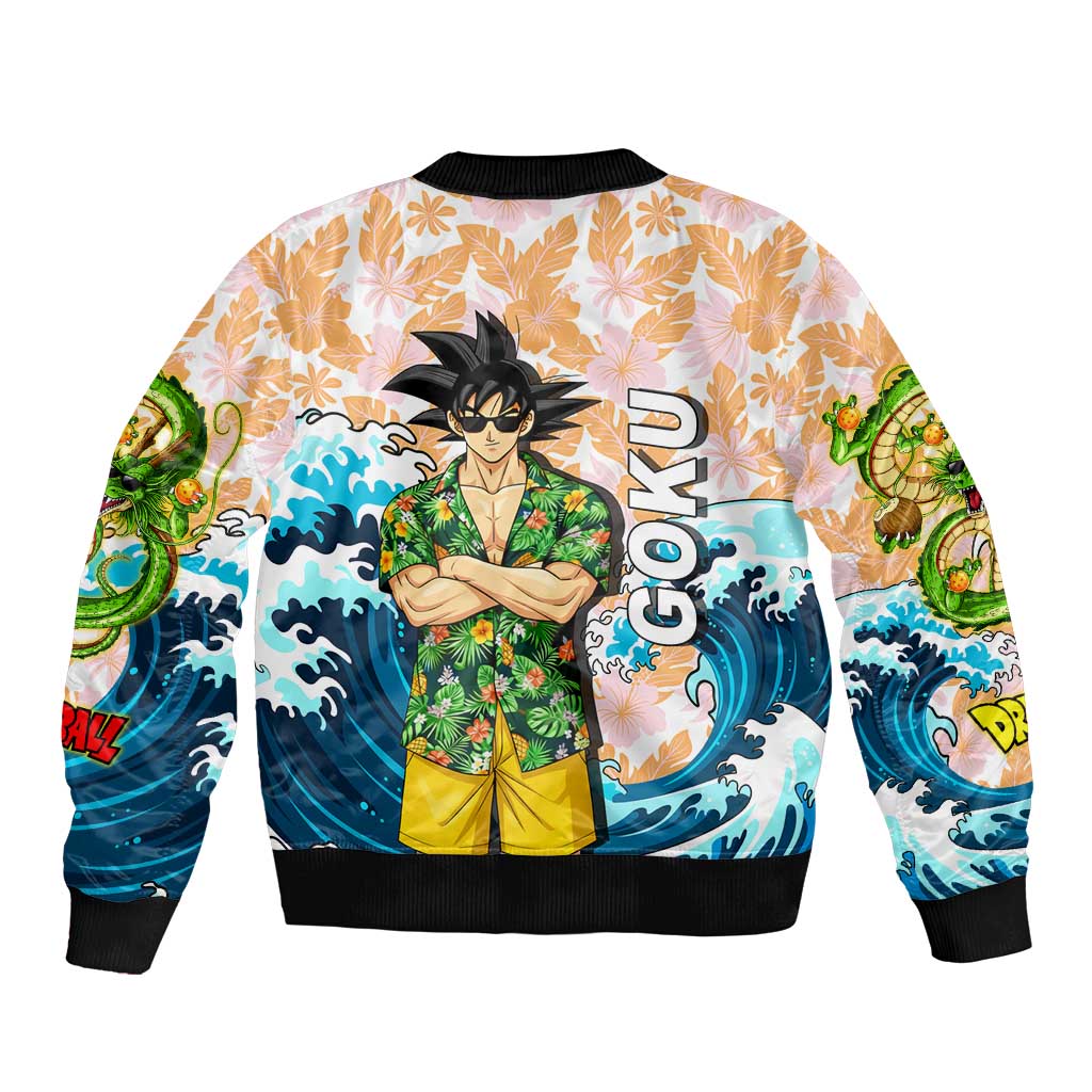 Goku Dragon Ball Summer Theme Sleeve Zip Bomber Jacket with Tropical Floral Shirt Sunglasses Shenron and Ocean Wave Background - The Mazicc