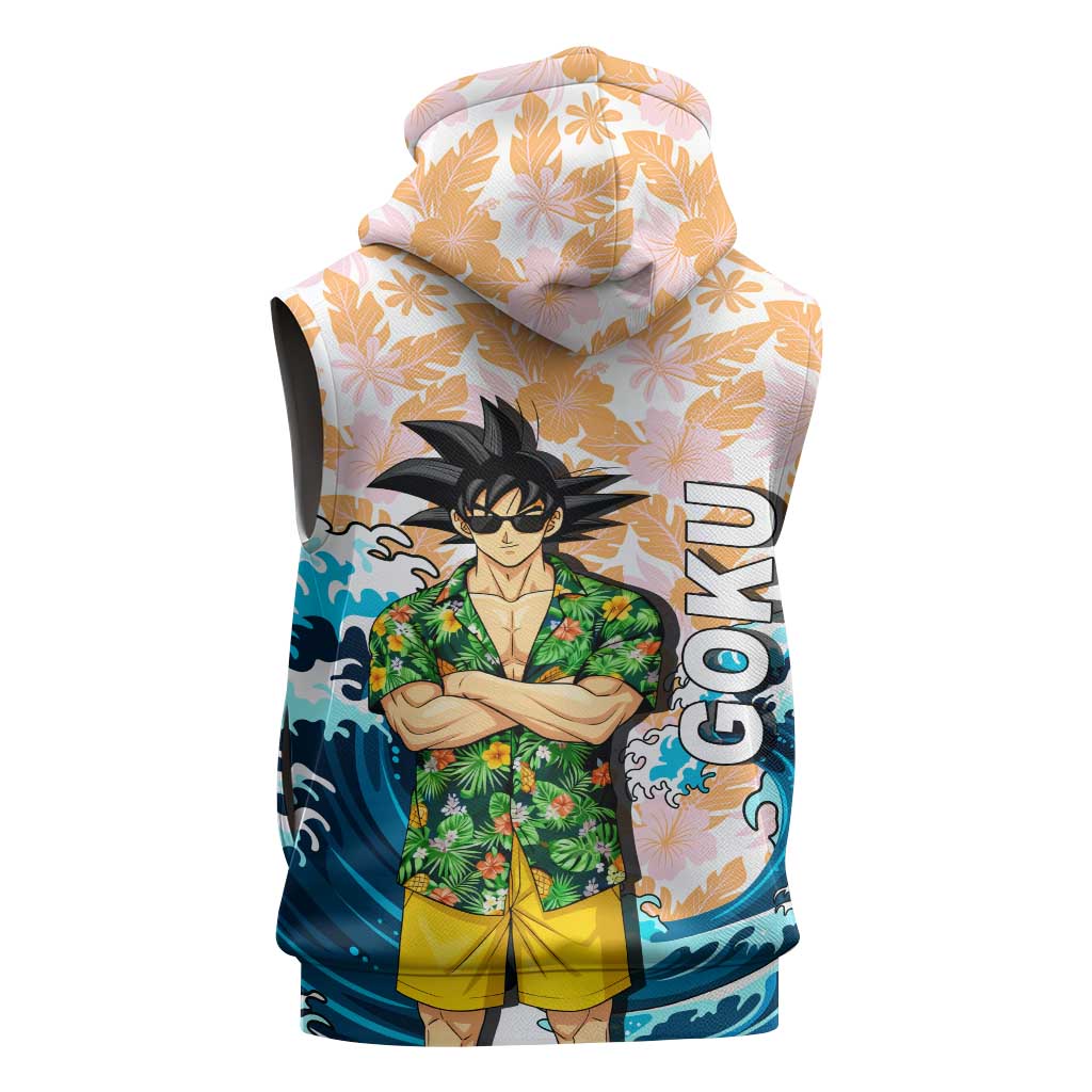 Goku Dragon Ball Summer Theme Sleeveless Hoodie with Tropical Floral Shirt Sunglasses Shenron and Ocean Wave Background - The Mazicc
