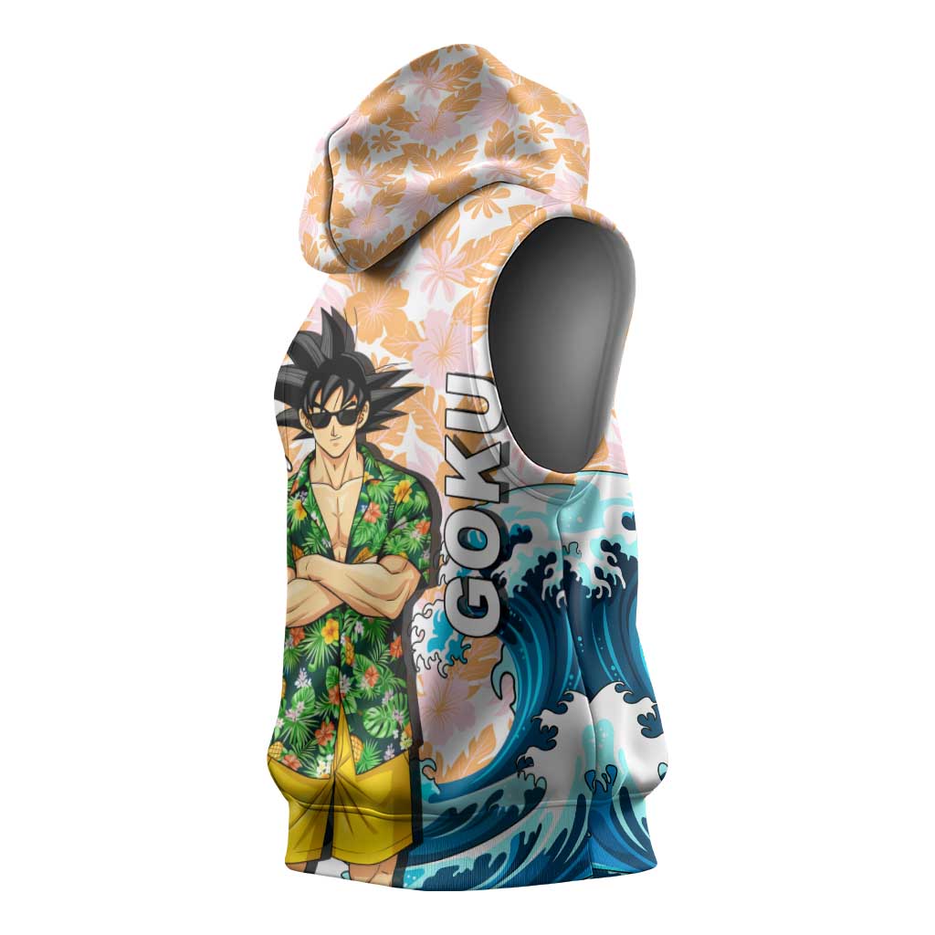 Goku Dragon Ball Summer Theme Sleeveless Hoodie with Tropical Floral Shirt Sunglasses Shenron and Ocean Wave Background - The Mazicc