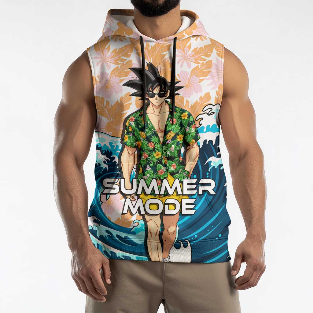 Goku Dragon Ball Summer Theme Sleeveless Hoodie with Tropical Floral Shirt Sunglasses Shenron and Ocean Wave Background - The Mazicc