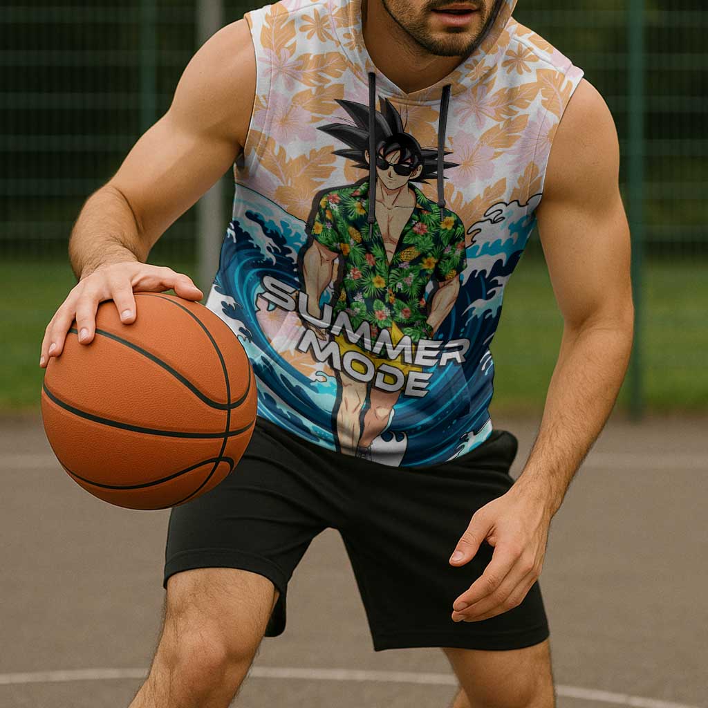 Goku Dragon Ball Summer Theme Sleeveless Hoodie with Tropical Floral Shirt Sunglasses Shenron and Ocean Wave Background - The Mazicc