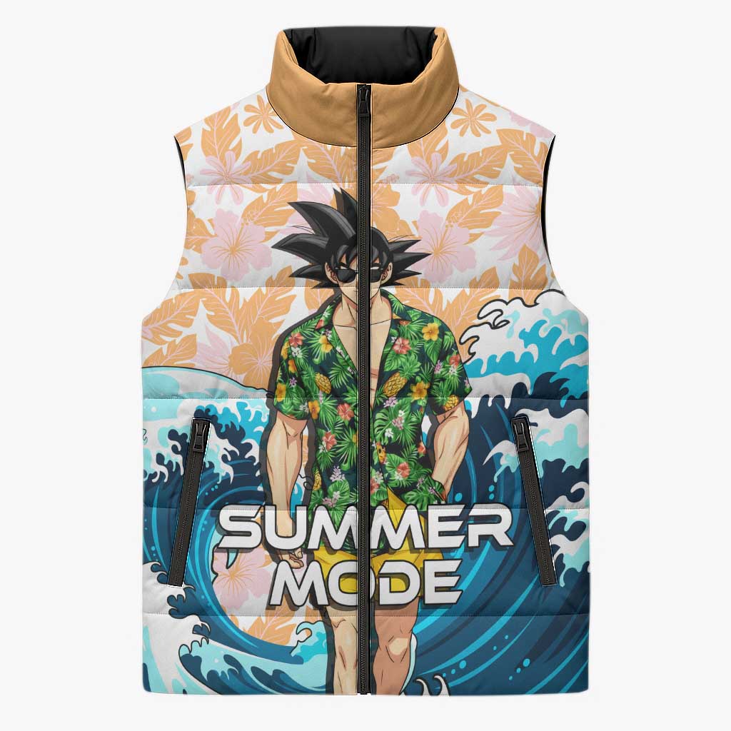 Goku Dragon Ball Summer Theme Sleeveless Puffer Jacket with Tropical Floral Shirt Sunglasses Shenron and Ocean Wave Background - The Mazicc