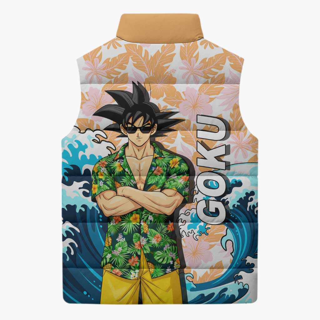 Goku Dragon Ball Summer Theme Sleeveless Puffer Jacket with Tropical Floral Shirt Sunglasses Shenron and Ocean Wave Background - The Mazicc