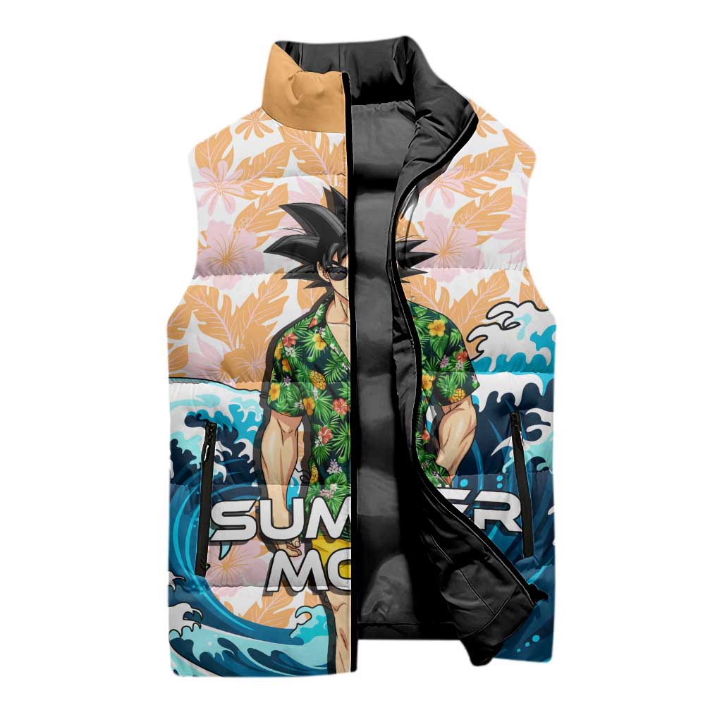 Goku Dragon Ball Summer Theme Sleeveless Puffer Jacket with Tropical Floral Shirt Sunglasses Shenron and Ocean Wave Background - The Mazicc