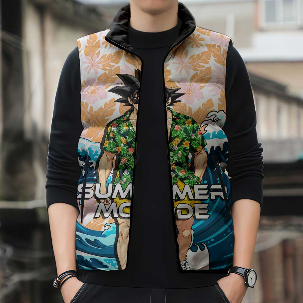 Goku Dragon Ball Summer Theme Sleeveless Puffer Jacket with Tropical Floral Shirt Sunglasses Shenron and Ocean Wave Background - The Mazicc