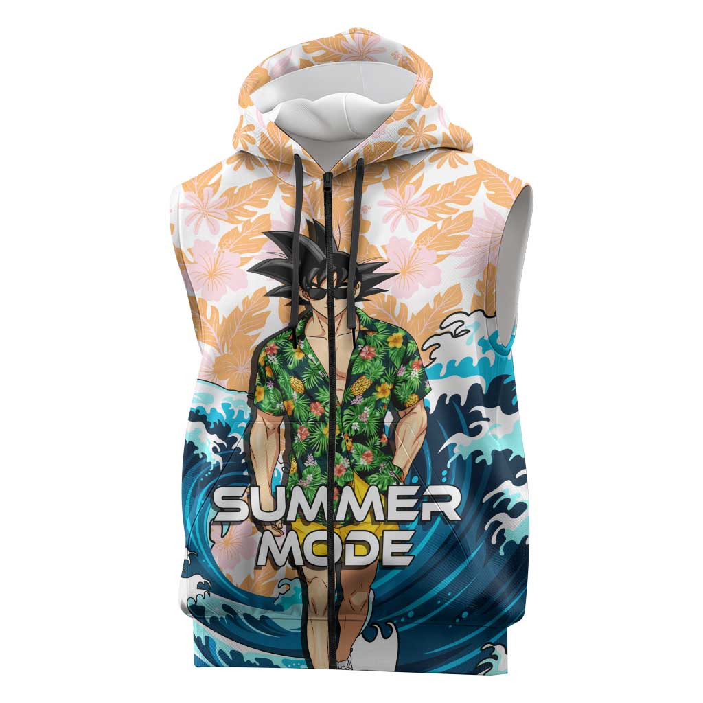 Goku Dragon Ball Summer Theme Sleeveless Zip Hoodie with Tropical Floral Shirt Sunglasses Shenron and Ocean Wave Background - The Mazicc