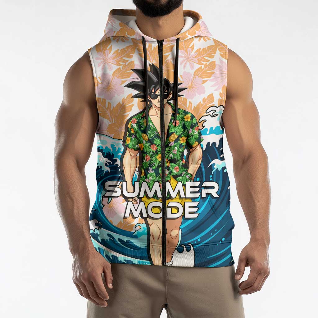 Goku Dragon Ball Summer Theme Sleeveless Zip Hoodie with Tropical Floral Shirt Sunglasses Shenron and Ocean Wave Background - The Mazicc
