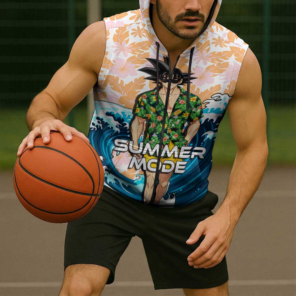 Goku Dragon Ball Summer Theme Sleeveless Zip Hoodie with Tropical Floral Shirt Sunglasses Shenron and Ocean Wave Background - The Mazicc