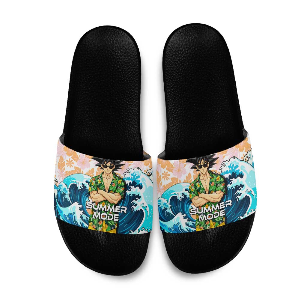 Goku Dragon Ball Summer Theme Slide Sandals with Tropical Floral Shirt Sunglasses Shenron and Ocean Wave Background - The Mazicc