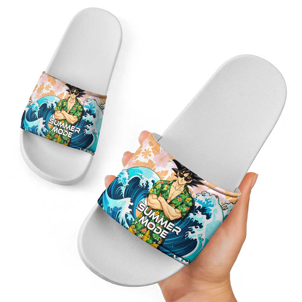 Goku Dragon Ball Summer Theme Slide Sandals with Tropical Floral Shirt Sunglasses Shenron and Ocean Wave Background - The Mazicc